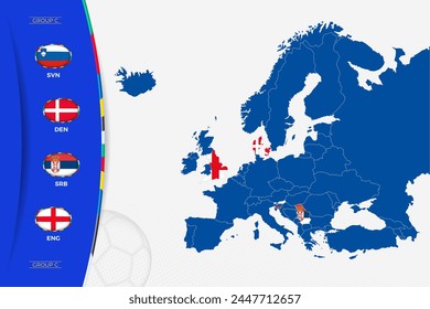 Mapa de Europa con mapas marcados de los países que participan en el grupo C del torneo europeo de fútbol. Icono de banderas del grupo C.