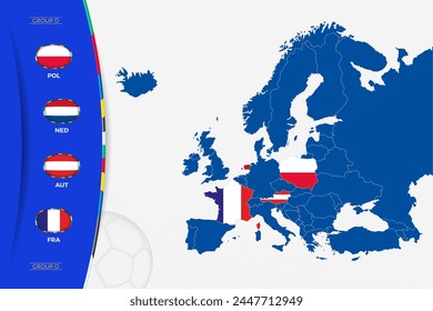 Map of Europe with marked maps of countries participating in group D of the European football tournament. Flags icon of group D.