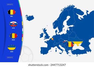 Map of Europe with marked maps of countries participating in group E of the European football tournament. Flags icon of group E.