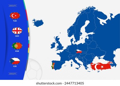 Map of Europe with marked maps of countries participating in group F of the European football tournament. Flags icon of group F.