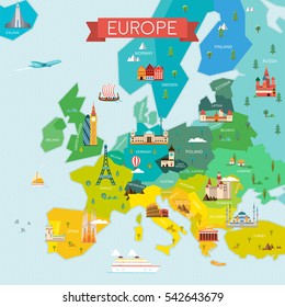 Map Of Europe With Name Of The Countries. Travel And Tourism Background. Vector Flat Illustration