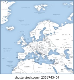 Mapa de Europa con nombres de países, capitales y ciudades. Ilustración del vector