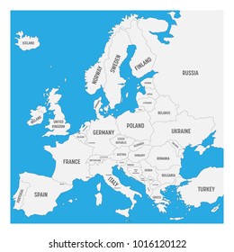 Map of Europe with names of sovereign countries, ministates included. Simplified black vector map on white background.