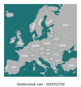 Map of Europe with names of sovereign countries, ministates included. Simplified dark grey vector map on white background.