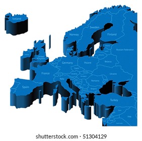 Map of Europe with national borders and country names. Pseudo-3d vector illustration.