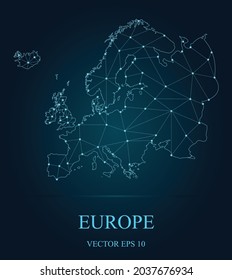 Mapa de Europa sobre fondo oscuro, líneas de red poligonal de malla, comunicación y mapa de red Europa. Ilustración del vector EPS 10  
