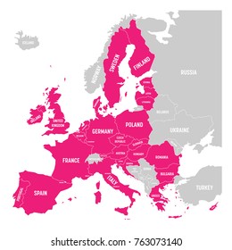 Map of Europe with pink highlighted EU member states. Vector illustration. Simplified map of European Union.