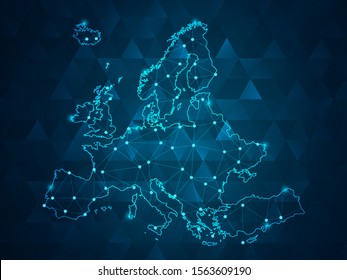 Map of Europe point scales on dark Background with Map World. Wire frame 3D mesh polygonal network line, design sphere, dot and structure. Vector illustration eps 10.