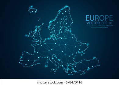 Map of Europe Point scales on dark background with Map World. Wire frame 3D mesh polygonal network line, design sphere, dot and structure. Vector illustration eps 10. - Shutterstock ID 678470416
