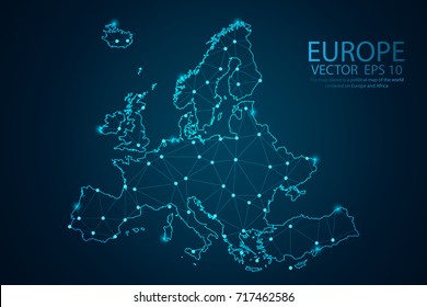 Map of Europe point scales on dark Background with Map World. Wire frame 3D mesh polygonal network line, design sphere, dot and structure. Vector illustration eps 10.