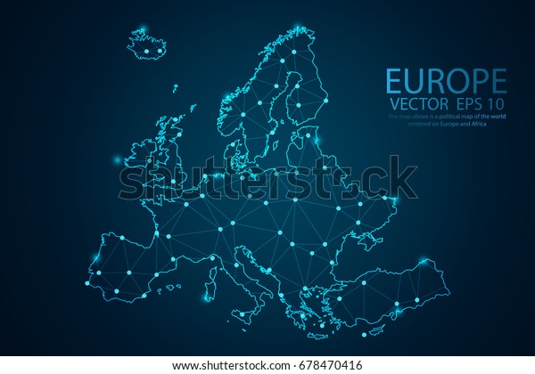 地图的欧洲点比例与地图世界黑暗背景 线框3d 网格多边形网络线 设计球体 点和结构 矢量说明eps 库存矢量图 免版税