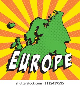 map of europe in retro comic style on background with halftone dots and radial lines
