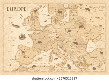 Map of Europe - Retro Vintage Ancient Cartoon - vector illustration with layers