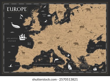 Map of Europe - Retro Vintage Ancient Cartoon - vector illustration with layers in black and golden colors