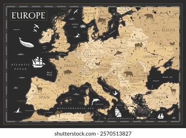 Map of Europe - Retro Vintage Ancient Cartoon - vector illustration with layers in black and golden colors