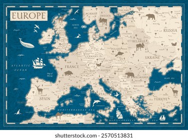 Map of Europe - Retro Vintage Ancient Cartoon - vector illustration with layers in blue and beige colors