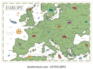 Map of Europe - Retro Vintage Ancient Cartoon - vector colored illustration with layers