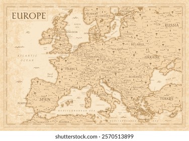 Map of Europe - Retro Vintage Ancient Cartoon - vector illustration with layers