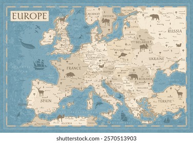 Map of Europe - Retro Vintage Ancient Cartoon - vector illustration with layers in blue and beige pastel colors