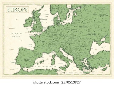 Map of Europe - Retro Vintage Ancient Cartoon - vector colored illustration with layers