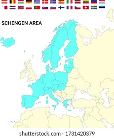 Map Of Europe With The Schengen Area Countries And Flags