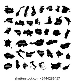 Map of Europe. Set from selected countries. Silhouette and line style.