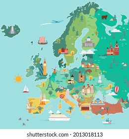 Mapa de Europa. Mapa turístico. Ilustración de estilo plano