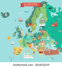 Map of Europe. Tourist map. Flat style illustration