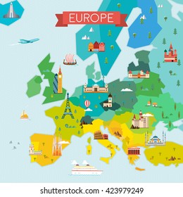 Map Of Europe. Travel And Tourism Background. Vector Flat Illustration