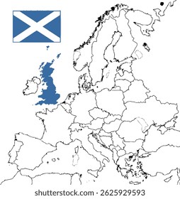 A map of Europe, with the United Kingdom highlighted in blue. The flag of Scotland is featured in the upper left corner.
