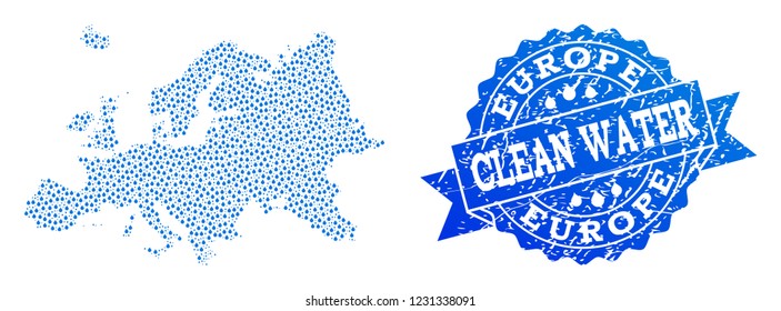 Map of Europe vector mosaic and clean water grunge stamp. Map of Europe designed with blue liquid dews. Seal with retro rubber texture for clean drinking water.