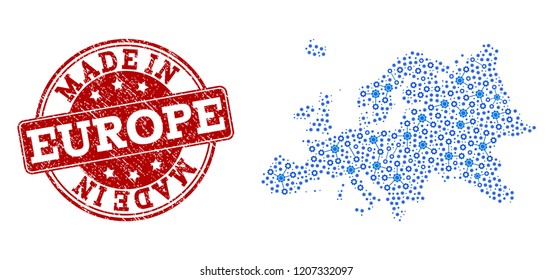 Map of Europe vector mosaic and Made In grunge stamp. Map of Europe created with blue wheel links. Made in red seal with scratched rubber texture.