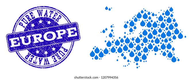 Map of Europe vector mosaic and Pure Water grunge stamp. Map of Europe designed with blue water tears. Seal with grunge rubber texture for pure drinking water.