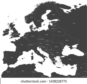 Map of Europe (with Russia) and north Africa split into individual countries with labels.