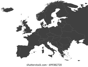 Map of Europe (with Russia) split into individual countries.