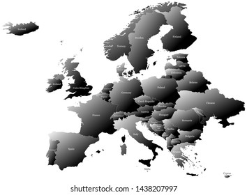 Map of Europe (without Russia) split into individual countries with labels. Gradual coloring of countries from white to black creating a 3D effect.