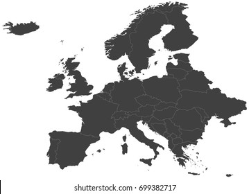Map of Europe (without Russia) split into individual countries.

