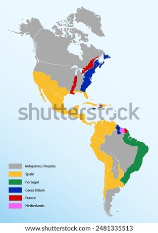 Map of European colonies 16th-18th centuries in the Americas. Vector education illustration