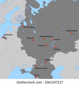 Map of european Russia with world cup 2018 host cities