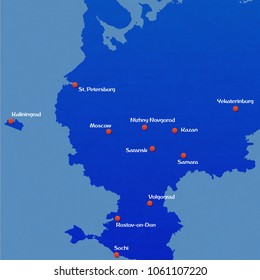 Map of european Russia with world cup 2018 host cities