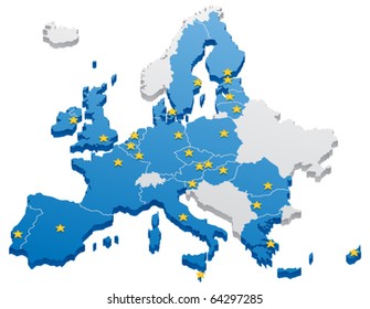Map of the European Union. The capitals and the borders can be easily removed in the vector file. 