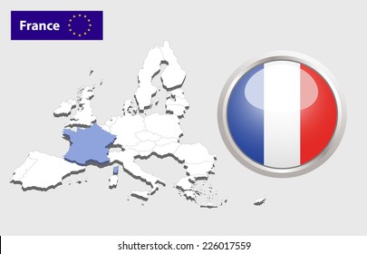 Map of European Union countries, with every state easy selectable and editable. France. Vector - France Flag Glossy Button