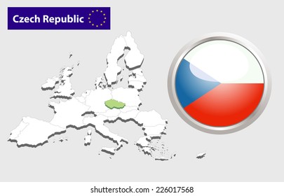 Map of European Union countries, with every state easy selectable and editable. Czech Republic. Vector - Czech Republic Flag Glossy Button 
