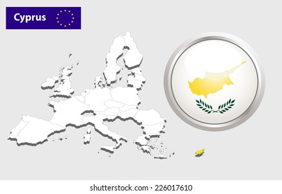 Map of European Union countries, with every state easy selectable and editable. Cyprus. Vector - Cyprus Flag Glossy Button 