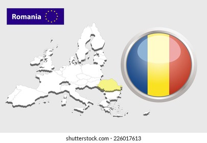 Map of European Union countries, with every state easy selectable and editable. Romania. Vector - Romania Flag Glossy Button