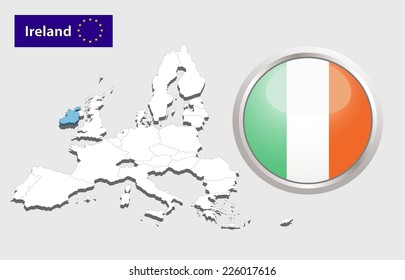 Map of European Union countries, with every state easy selectable and editable. Ireland.Vector - Ireland Flag Glossy Button 