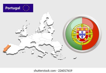 Map of European Union countries, with every state easy selectable and editable. Portugal. Vector - Portugal Flag Glossy Button 