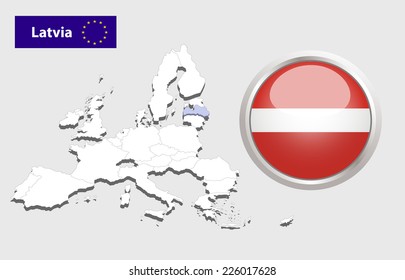 Map of European Union countries, with every state easy selectable and editable. Latvia. Vector - Latvia Flag Glossy Button 