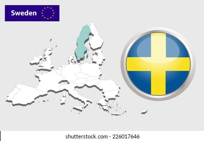 Map of European Union countries, with every state easy selectable and editable. Sweden. Vector - Sweden Flag Glossy Button