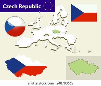 Map of European Union countries, with every state easy selectable and editable. Czech Republic. Vector - Czech Republic Flag Glossy Button